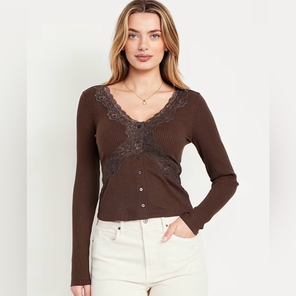 Old Navy•Lace-Trim V-Neck Ribbed Top•Size S•NWT